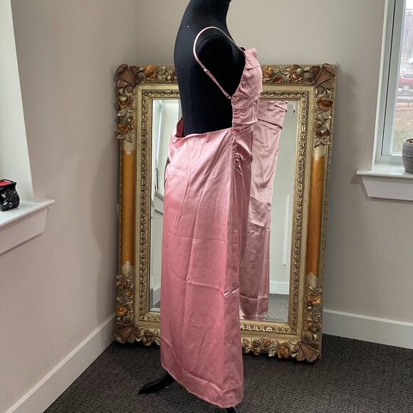 Lulus Ruched Slip Satin Midi Dress Spaghetti Straps Backless Size L Pink - Picture 2 of 3